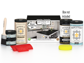 Retique It® full kitchen countertop kit in classic black with stain products, showing a countertop sample with black finish.