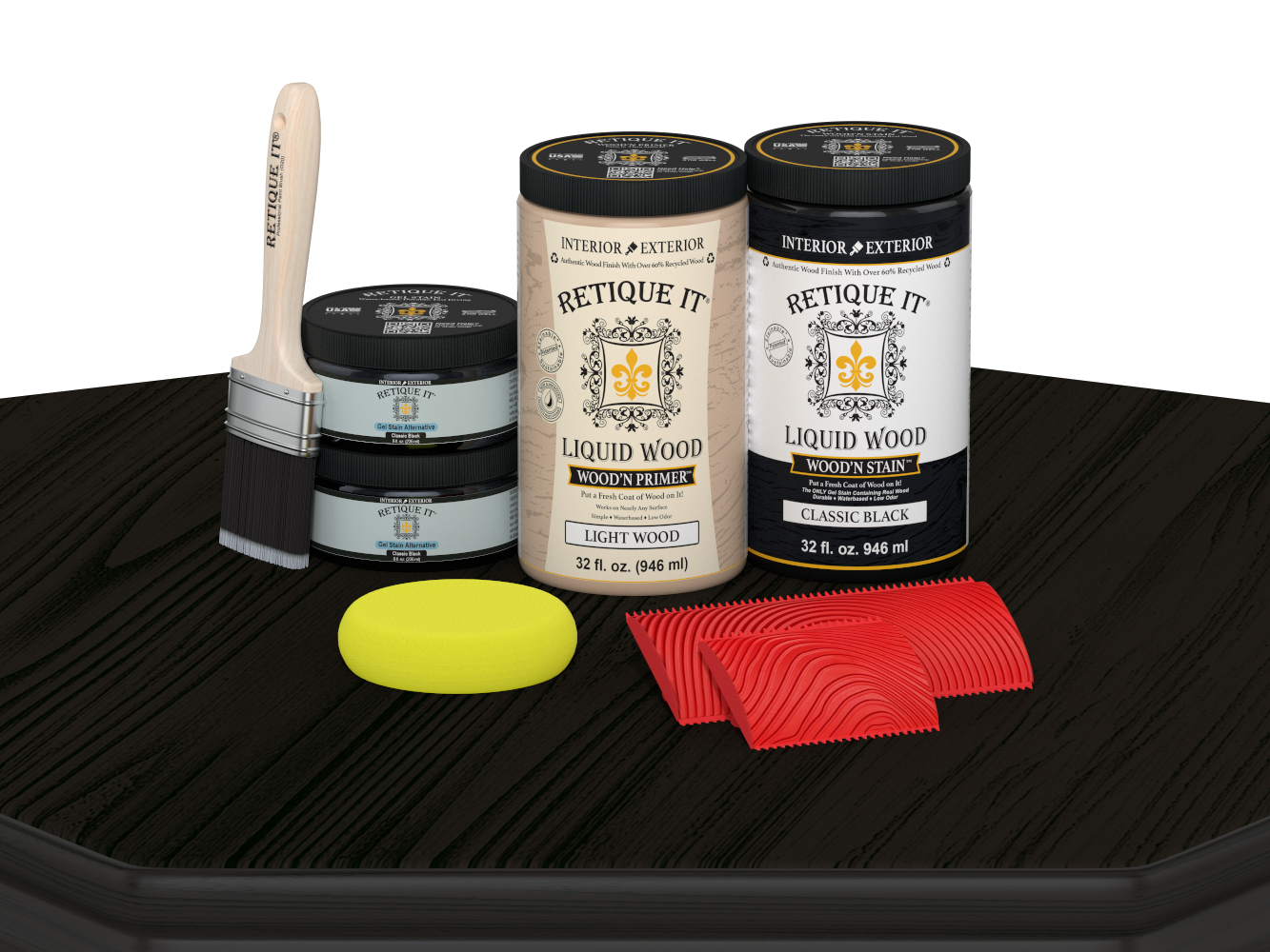 Retique It Wood'n Finish Front Door Kit (Double) in classic black stain, displayed on a table showcasing the door's smooth finish.