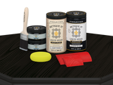 Retique It Wood'n Finish Front Door Kit (Double) in classic black stain, displayed on a table showcasing the door's smooth finish.