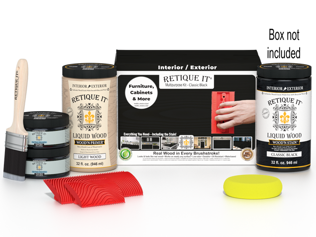 Large black Retique It Wood'n Finish Kit with applicator in a box, designed for multi-purpose wood finishing projects.