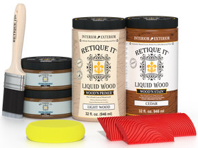 Retique It® Wood'n Cabinet Kit with 12 cedar-grained door stains, showcasing natural wood grain and rich cedar color.