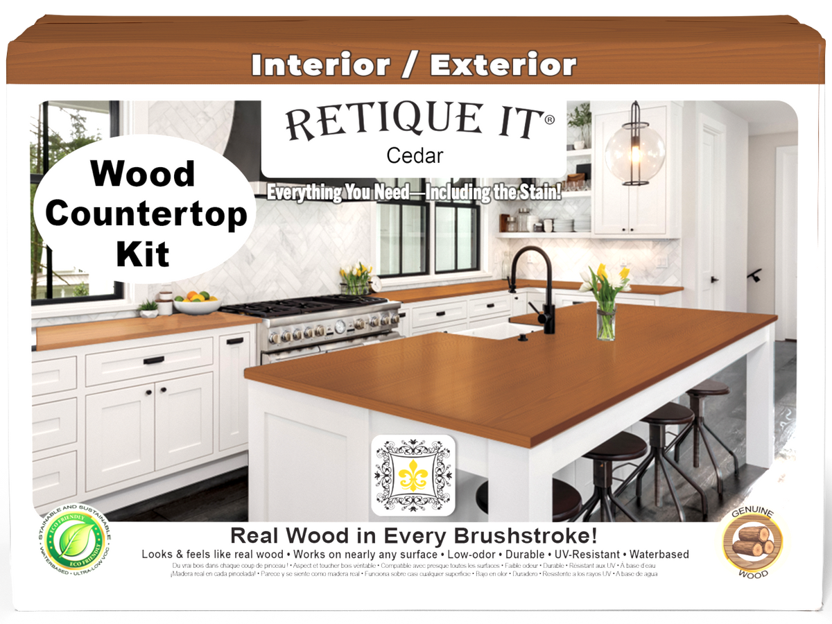 Retique It® Cedar countertop kit with stain, showcasing a full kitchen countertop with natural wood grain finish.