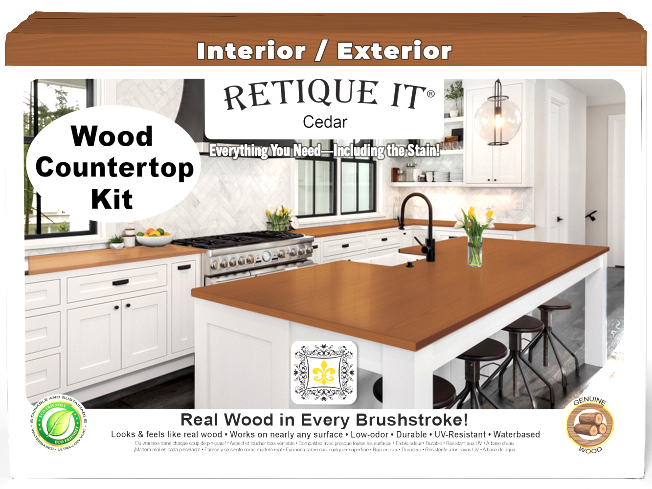 Retique It® Cedar countertop kit with stain, showcasing a full kitchen countertop with natural wood grain finish.