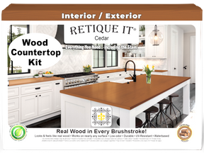 Retique It® Cedar countertop kit with stain, showcasing a full kitchen countertop with natural wood grain finish.