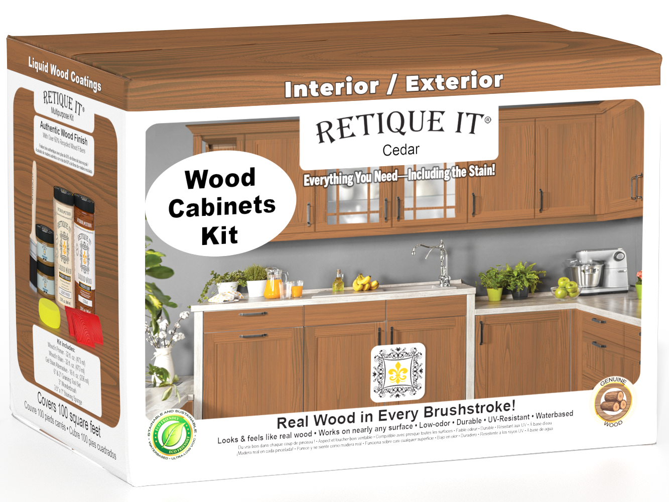Retique It Wood'n Cabinet Kit with 12 cedar-grained doors, stain for wood cabinets, natural wood appearance for home interiors.