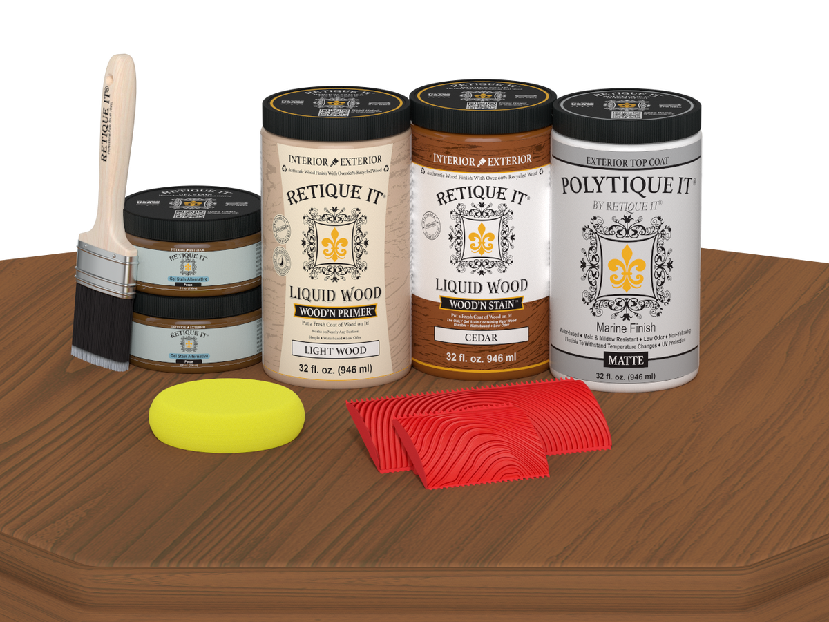 Retique It Wood'n Finish cedar double front door kit with matte stain, displayed on a table, showing wood grain and finish details.