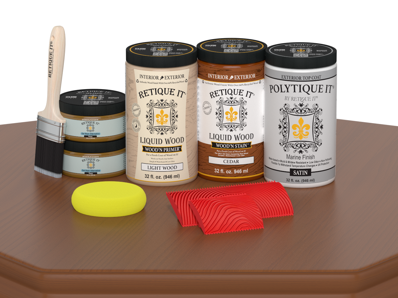 Large Cedar Wood'n Finish Kit by Retique It® for exterior top coating, includes satin wood finish for outdoor wood projects.