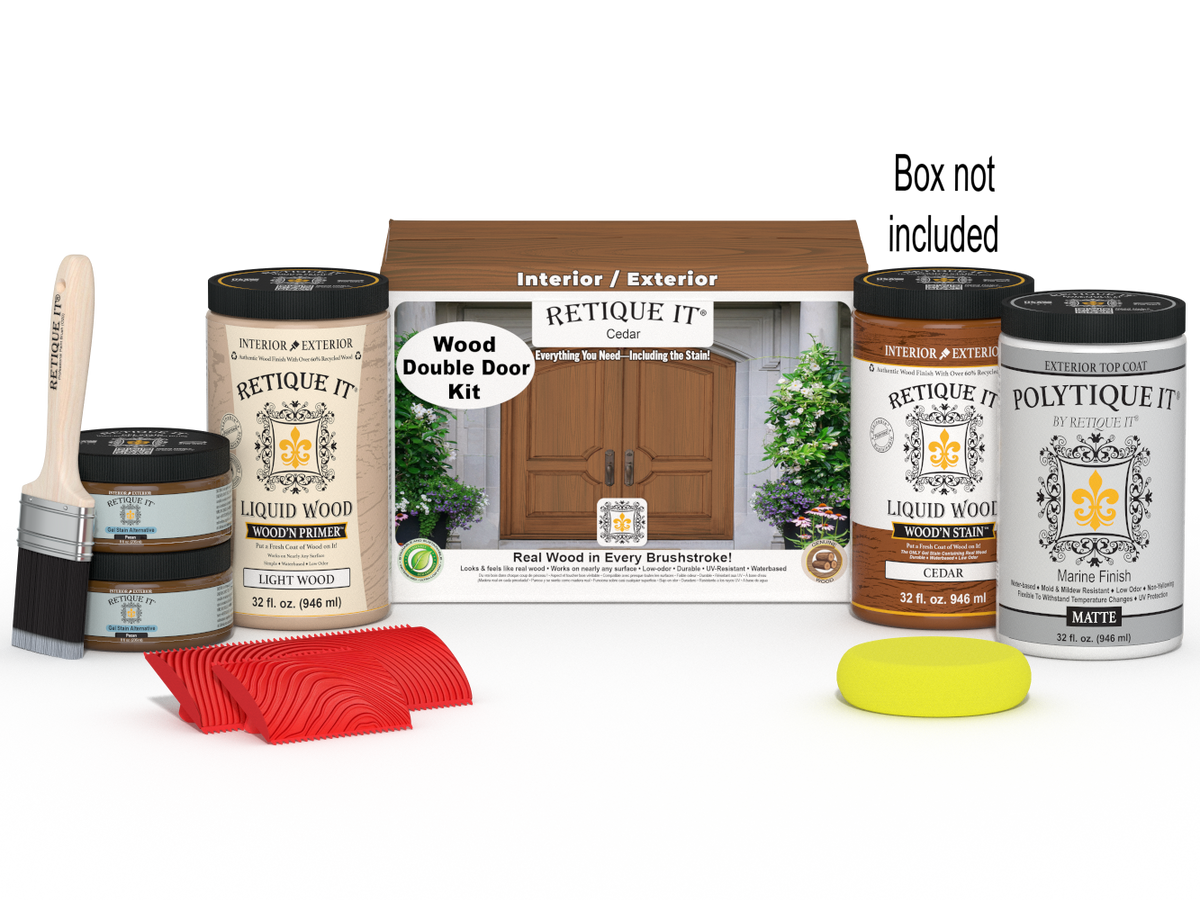 Retique It Wood'n Finish Cedar double front door kit with stain, shown with packaging and hardware for a stylish entrance.