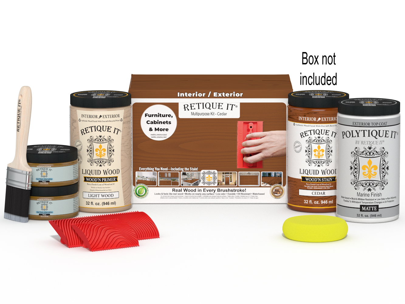 Large Cedar Wood'n Finish Kit by Retique It® with exterior top coat, includes wood treatment products and applicator tools.