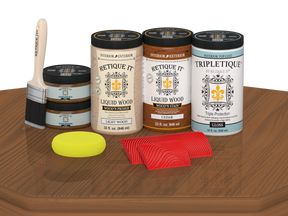Retique It® Wood'n Cabinet Kit with 12 cedar-grained doors in glossy stain, designed for cabinetry and furniture projects.