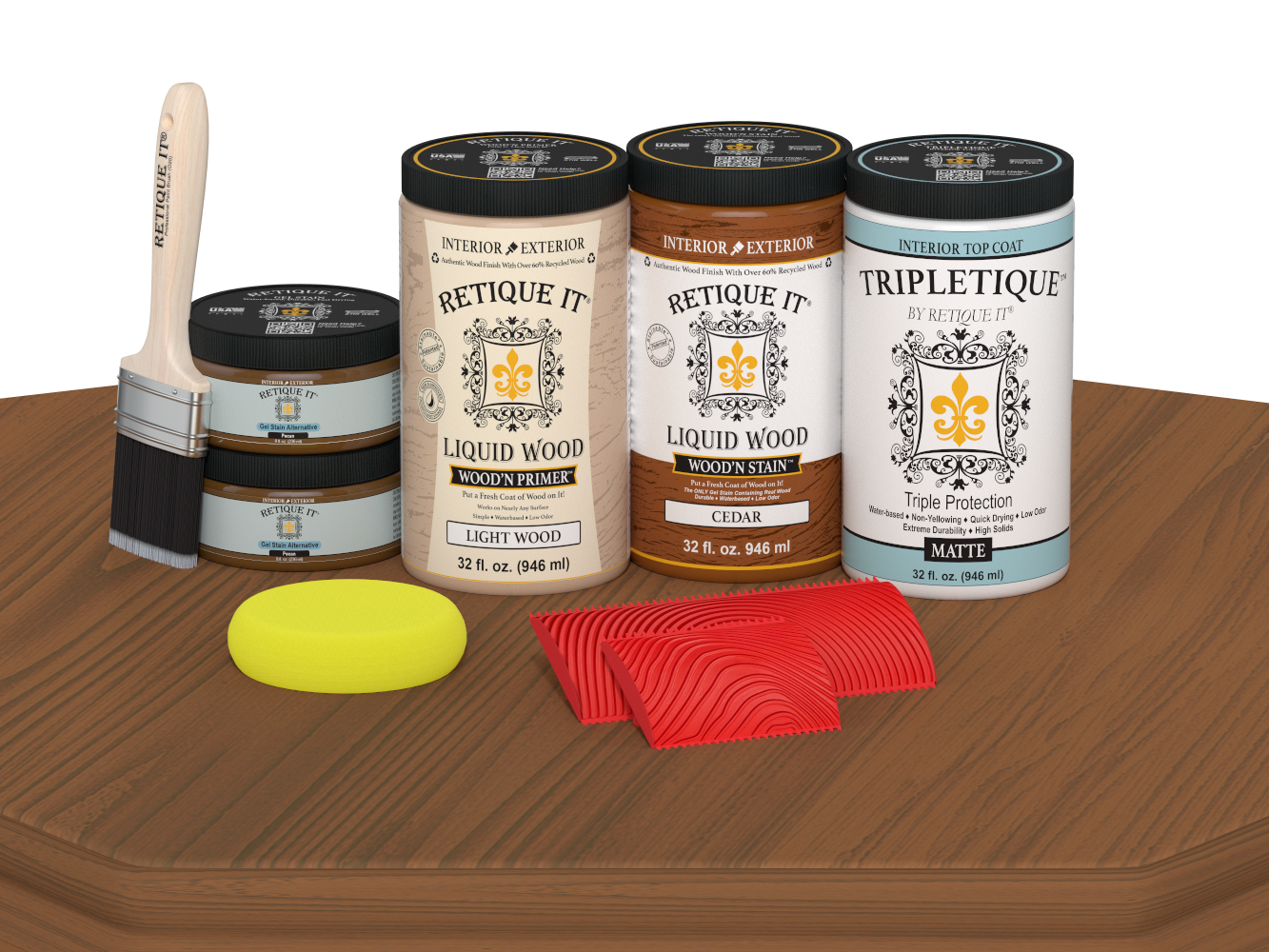 Retique It® Wood'n Finish Kit in cedar stain with four large matte wood stain bottles displayed on a table.
