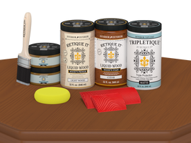 Large Cedar Wood'n Finish Kit by Retique It for interior top coat, featuring wood samples and application tools in a kit.