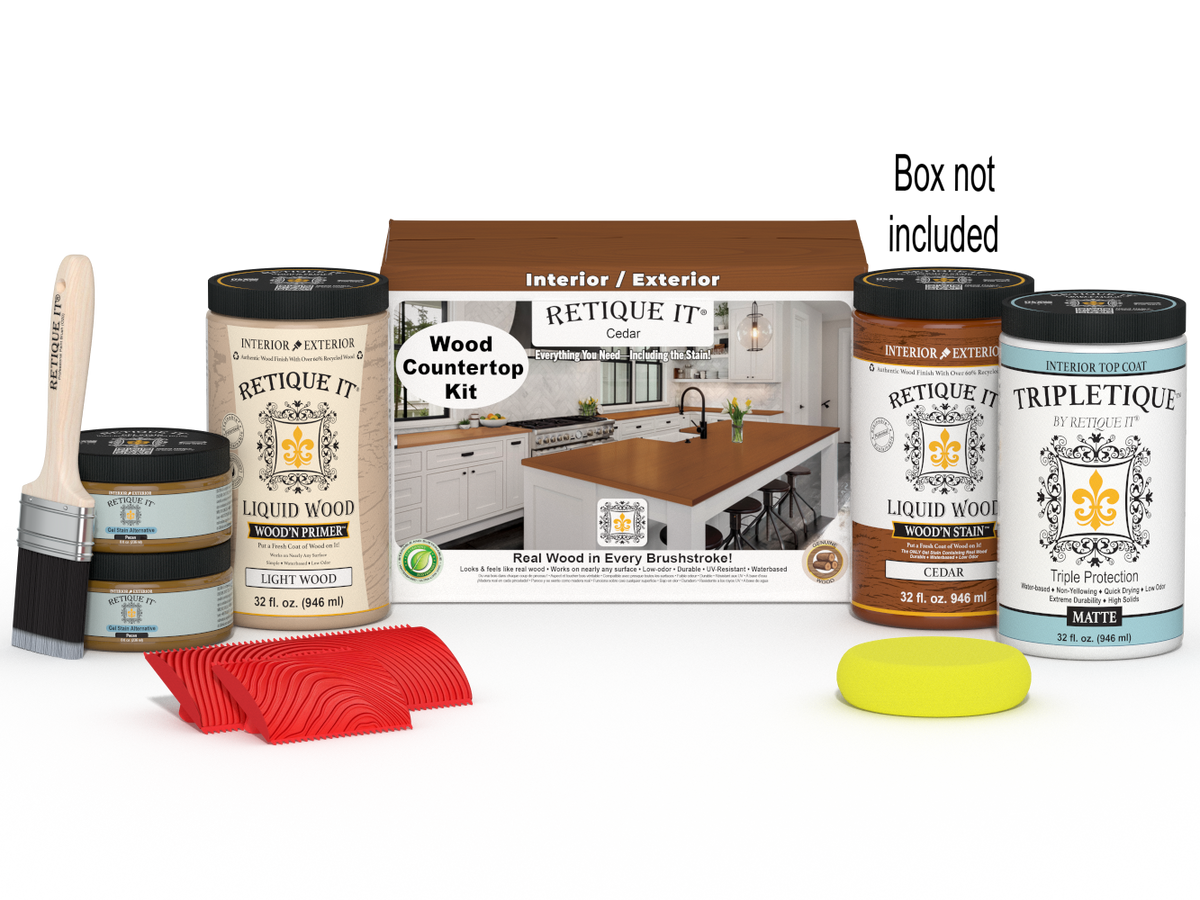 Retique It® Cedar countertop kit with stains, showing wood surface and included tools for full kitchen countertop renovation.
