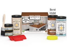 Retique It® Cedar countertop kit with stains, showing wood surface and included tools for full kitchen countertop renovation.