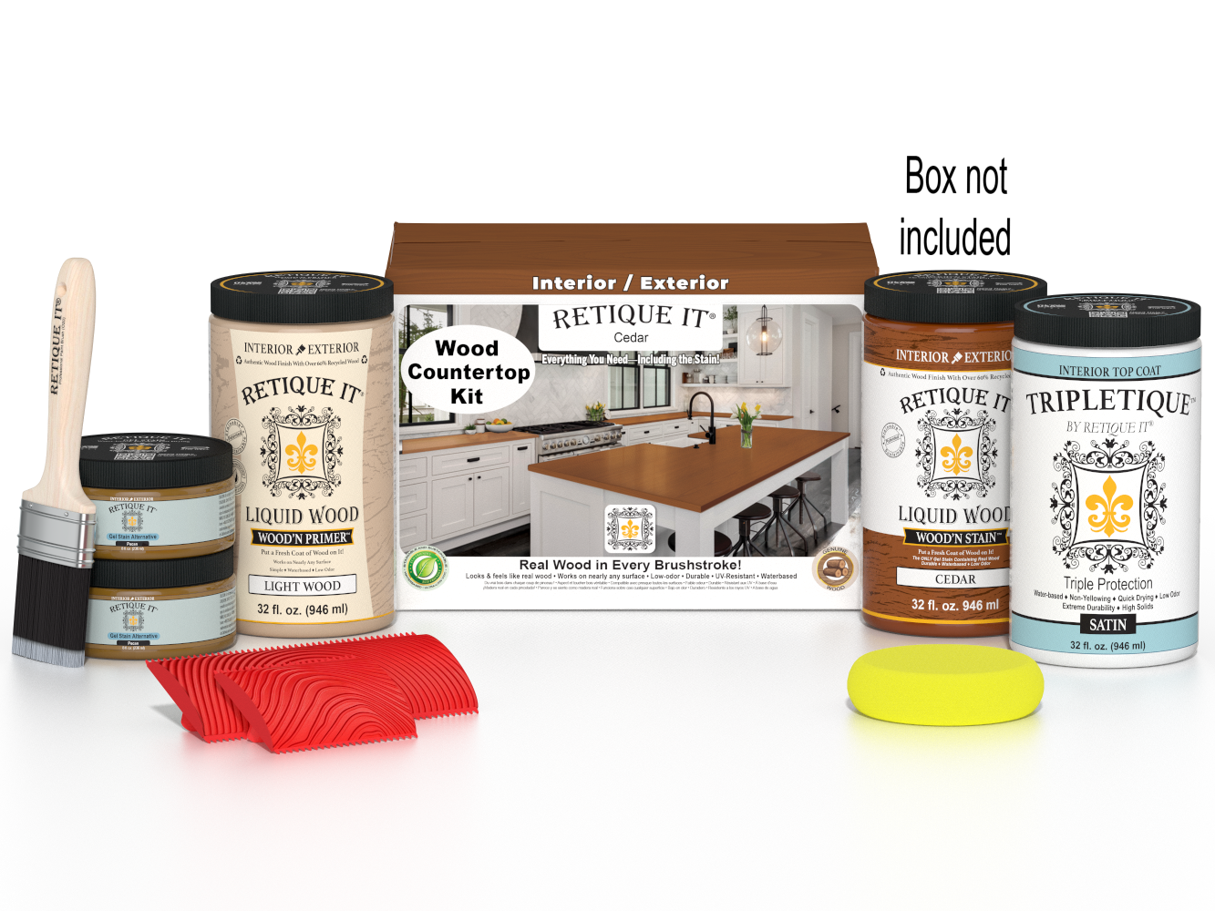 Retique It® cedar countertop kit with stain, featuring a full kitchen setup and a box of supplies.