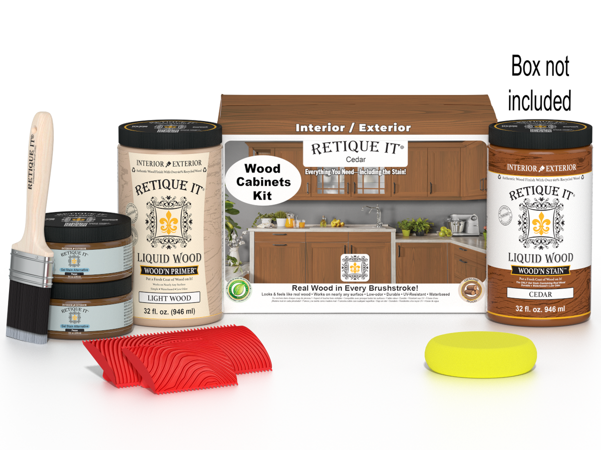 Retique It® Wood'n Cabinet Kit with 12 cedar-grained stained cabinet doors and matching stain containers.