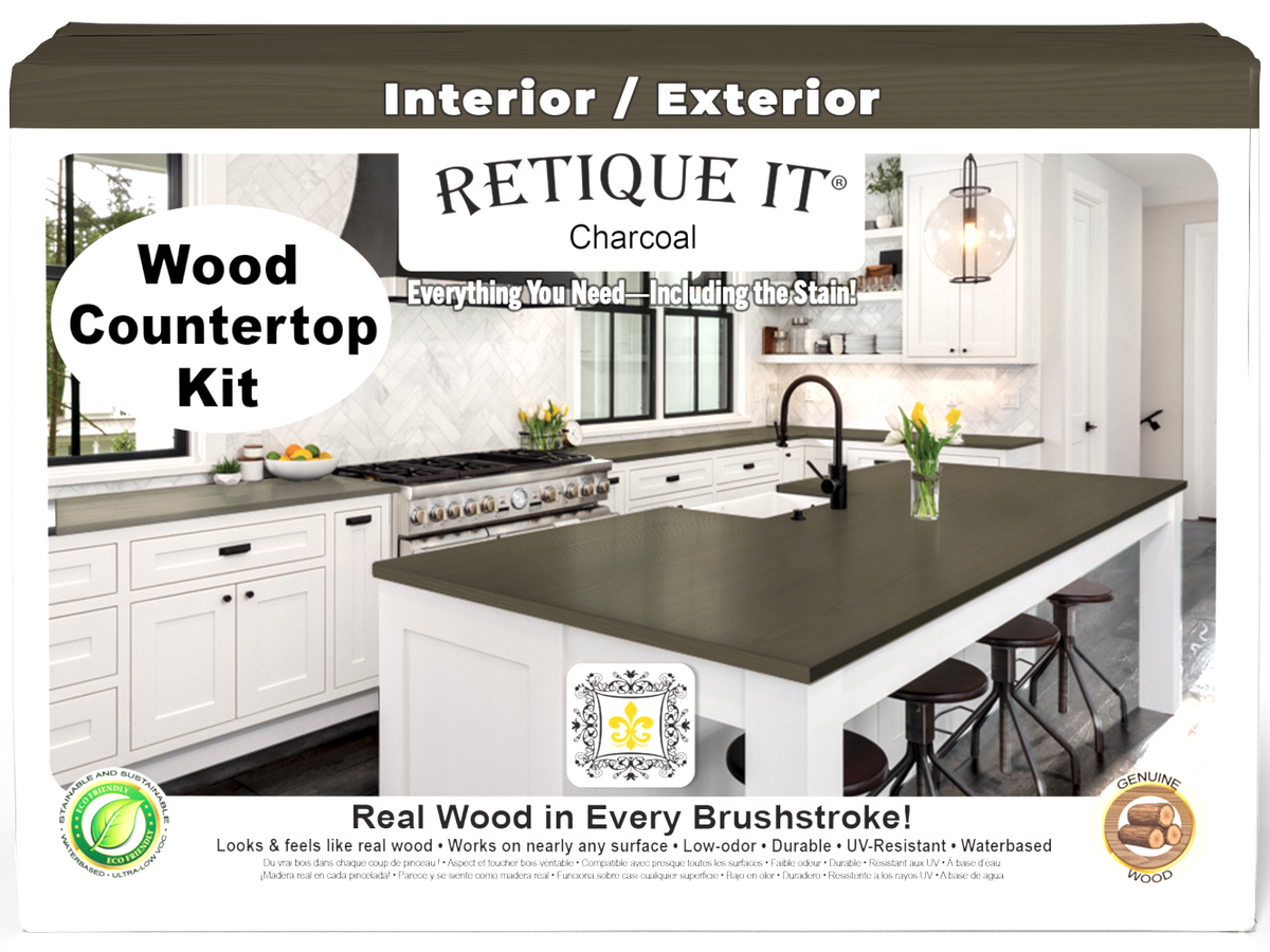 Retique It® charcoal countertop kit for full kitchen renovation, showing stain application on a smooth countertop surface.