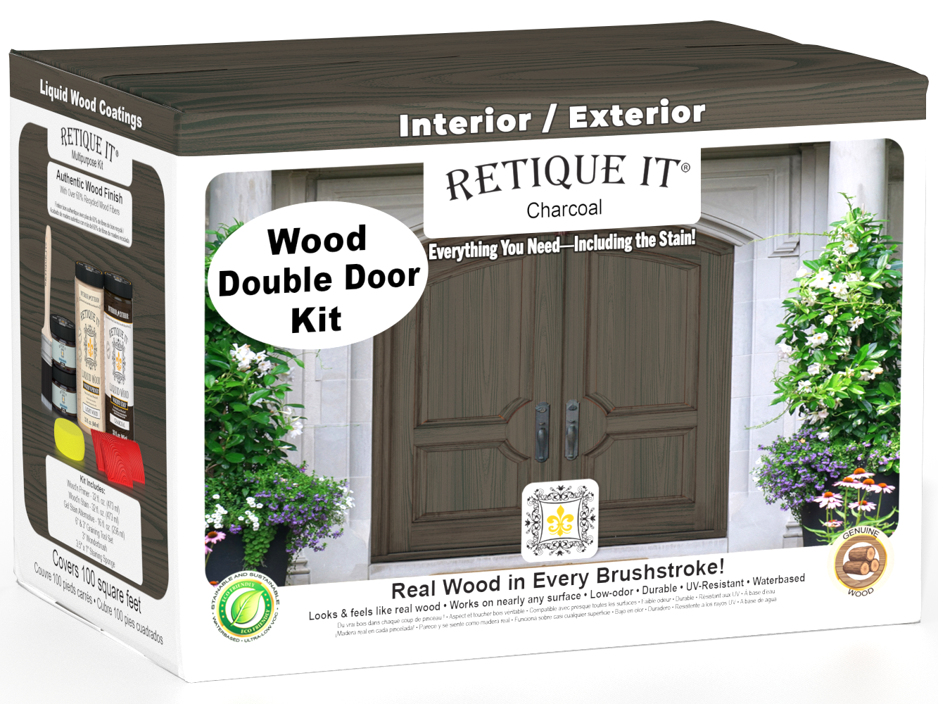 Retique It Wood'n Finish front double door kit in charcoal stain, showcasing a stylish wood door with detailed grain and finish.