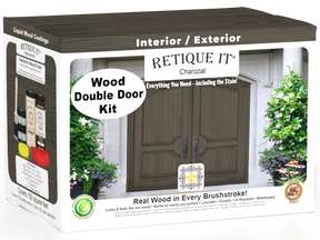 Retique It Wood'n Finish front double door kit in charcoal stain, showcasing a stylish wood door with detailed grain and finish.