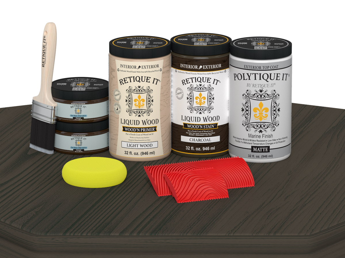 Retique It Wood'n Finish front door kit in charcoal stain, double door with matte finish displayed on a table.