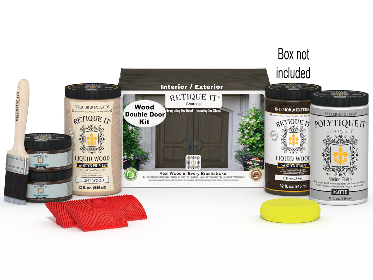 Double front door kit with charcoal stain from Retique It Wood'n Finish, featuring natural wood grain and packaging.