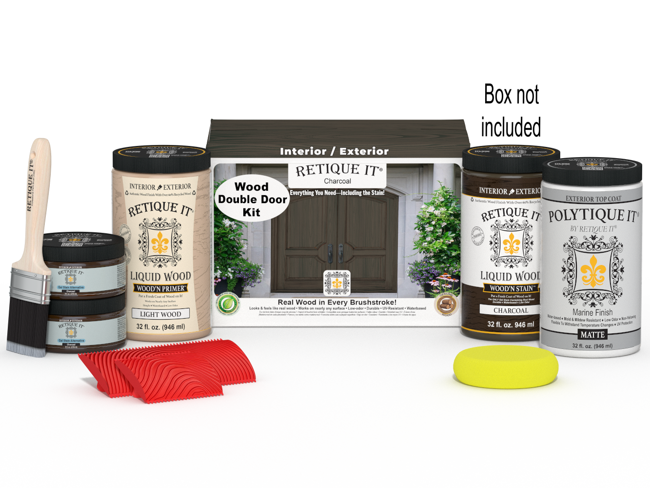 Double front door kit with charcoal stain from Retique It Wood'n Finish, featuring natural wood grain and packaging.