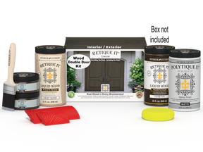 Double front door kit with charcoal stain from Retique It Wood'n Finish, featuring natural wood grain and packaging.