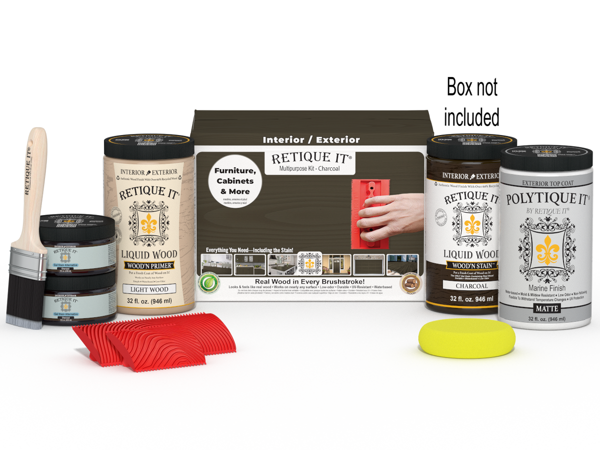 Large Charcoal Wood'n Finish Kit by Retique It® with exterior top coat, includes wood finish bottles and application tools.