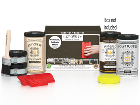 Large Charcoal Wood'n Kit by Retique It for exterior top coating, includes wood finish tools and supplies in a box.