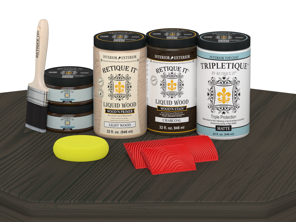 Retique It® Wood'n Finish Kit with four large charcoal stain bottles, matte finish, designed for wood tabletop projects.