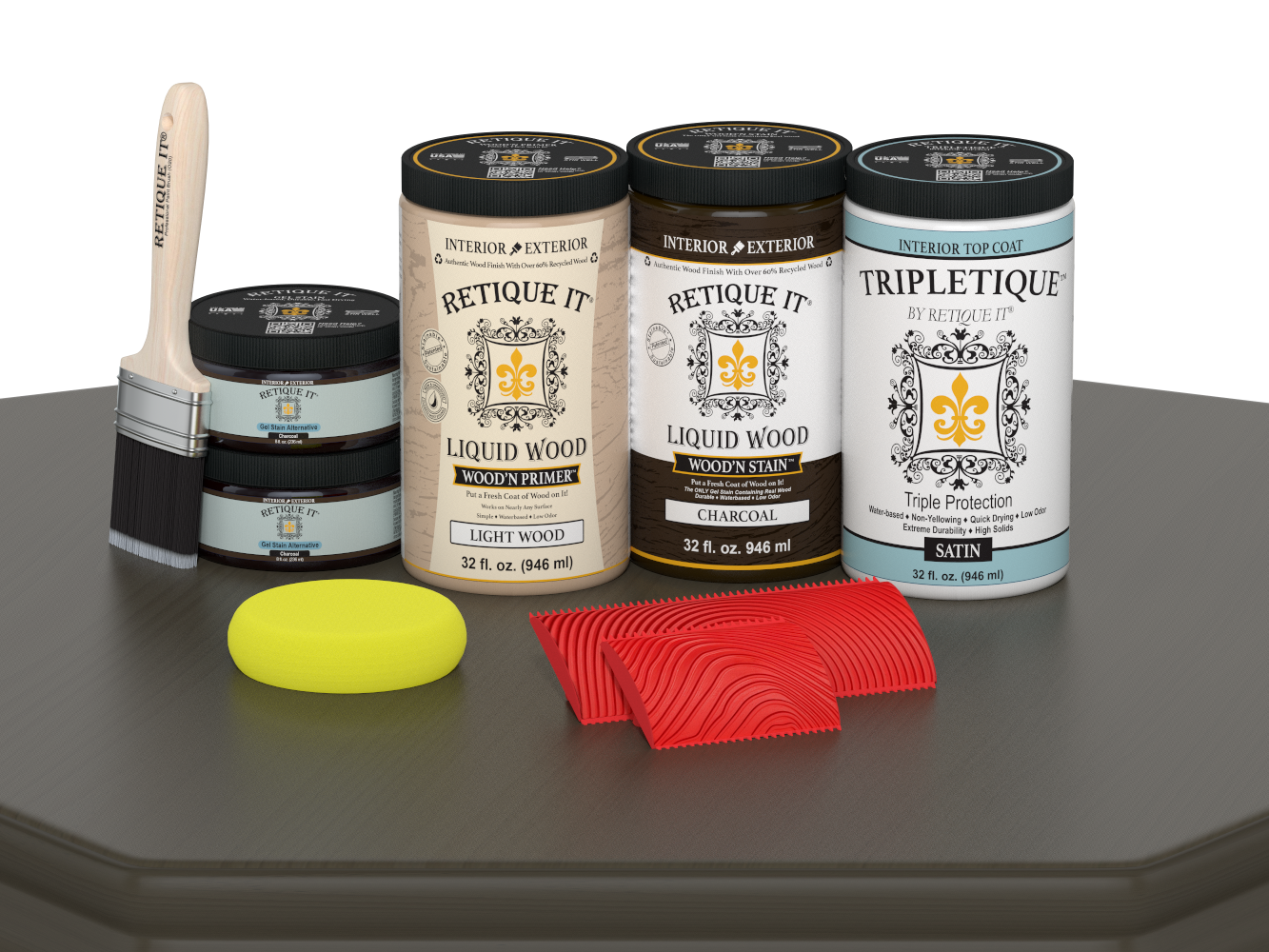 Large Charcoal Wood'n Finish Kit by Retique It® with satin interior top coat, includes applicator and wood finishing tools.