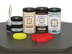 Large Charcoal Wood'n Finish Kit by Retique It® with satin interior top coat, includes applicator and wood finishing tools.