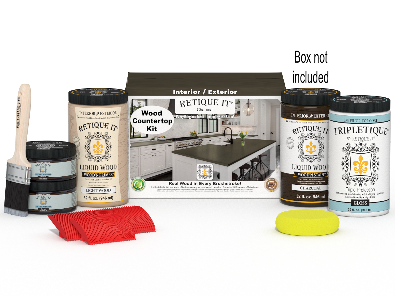 Retique It® charcoal countertop kit featuring stain samples and application tools for a full kitchen countertop makeover.