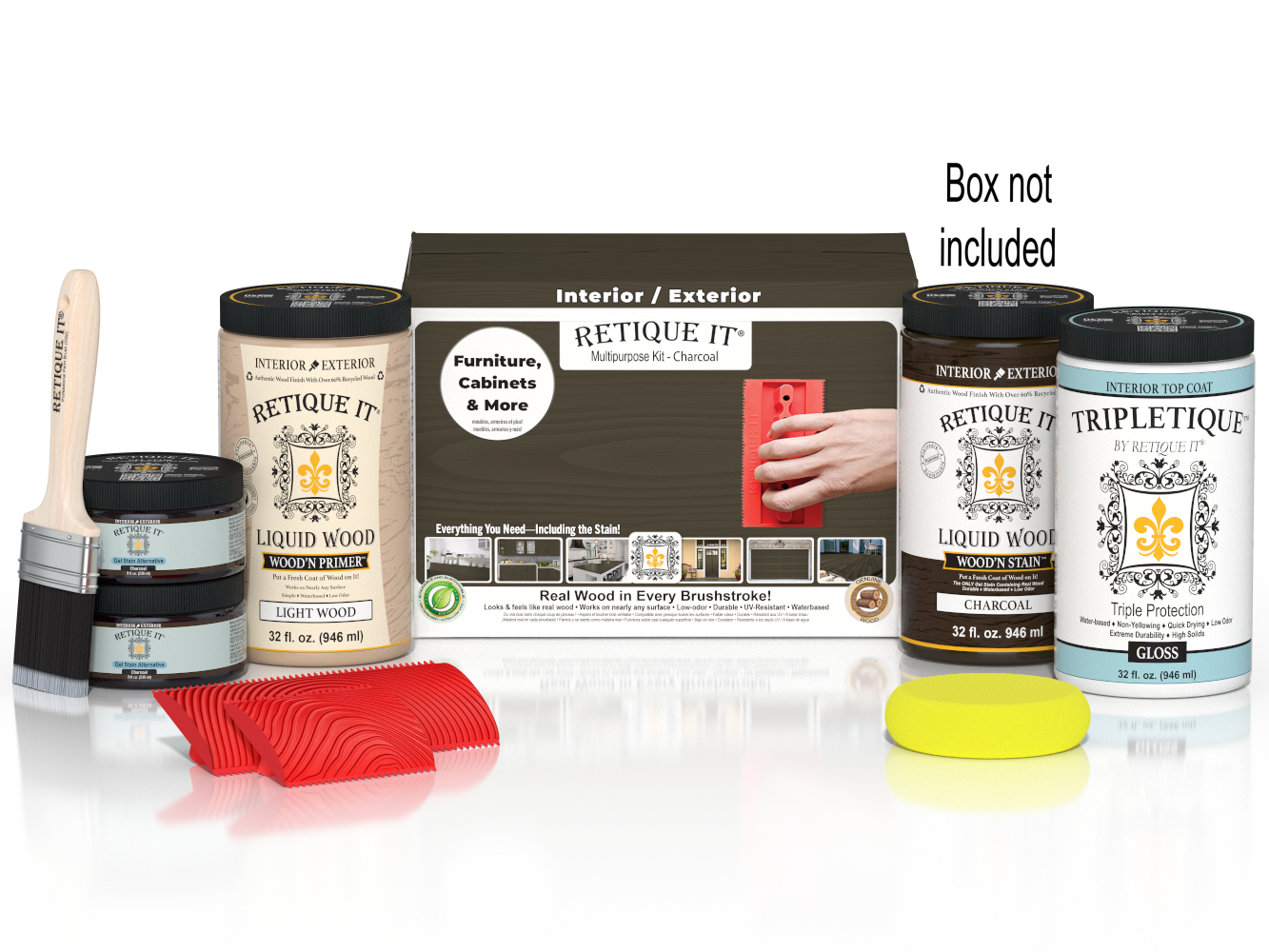Large Charcoal Wood'n Finish Kit by Retique It® for interior top coating, includes wood finishing tools and supplies.