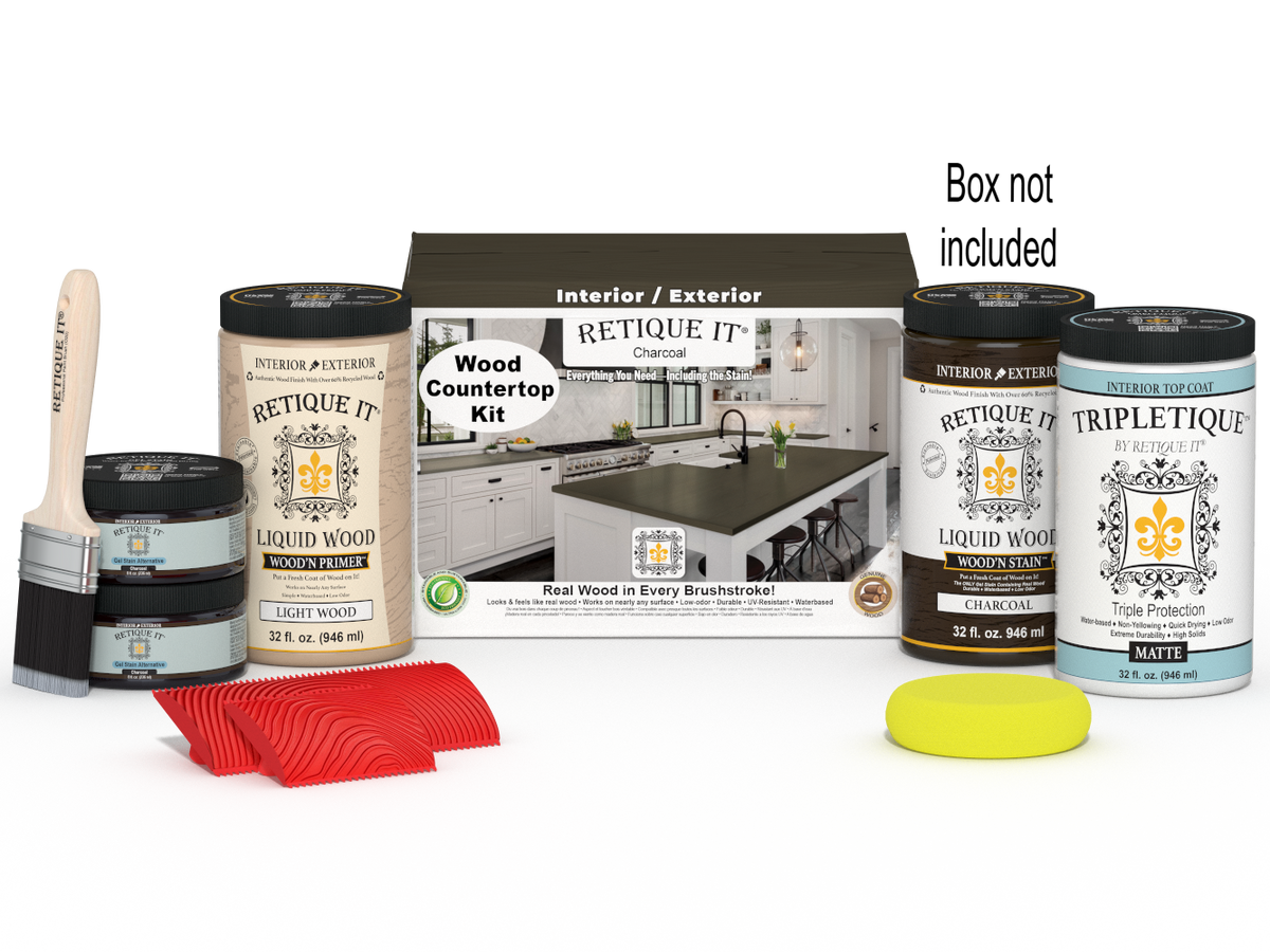 Retique It® charcoal countertop kit with stain, full kitchen setup, showing the box and countertop surface with a dark finish.