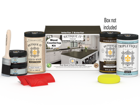 Retique It® charcoal countertop kit with stain, full kitchen setup, showing the box and countertop surface with a dark finish.