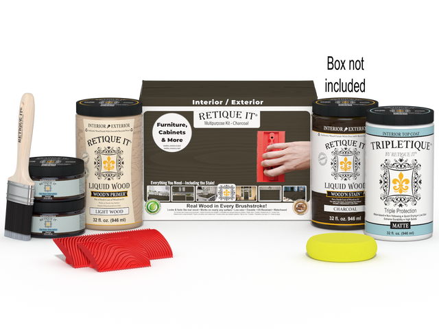 Large Charcoal Wood'n Finish Kit by Retique It with interior top coat and brushes, displayed in the packaging box.