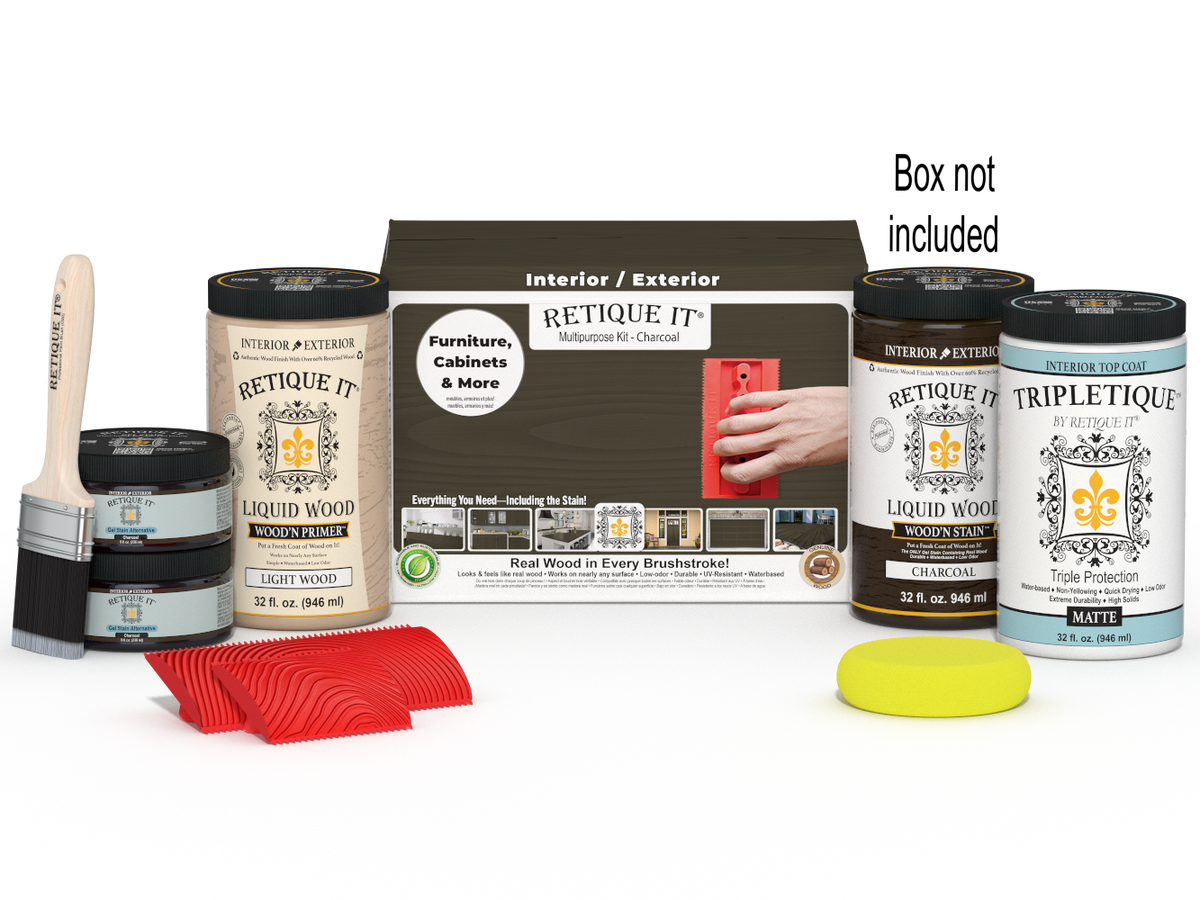 Large Charcoal Wood'n Finish Kit by Retique It® for interior top coating, includes wood finishing tools and supplies in a box.