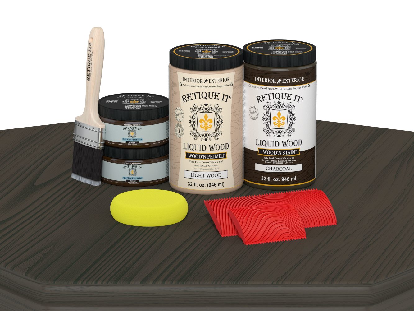 Retique It Wood'n Finish front door kit in charcoal stain, showing a double wooden door with stained finish on a table.