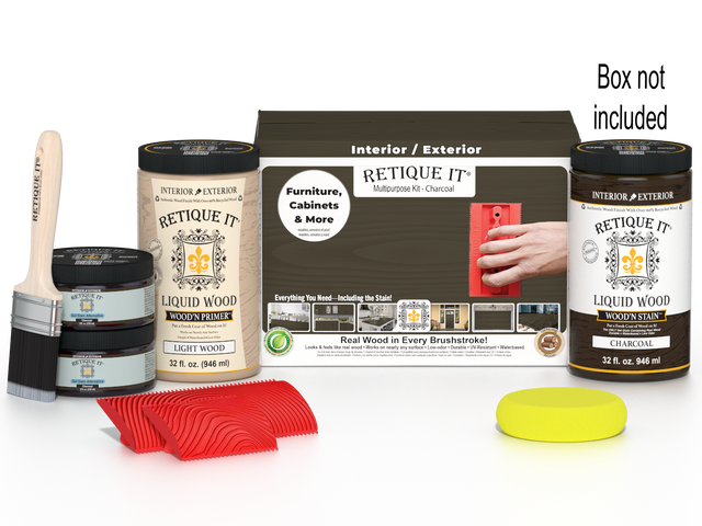 Large Charcoal Wood'n Finish Kit by Retique It, a multi-purpose wood finishing kit with brushes and supplies in a box.
