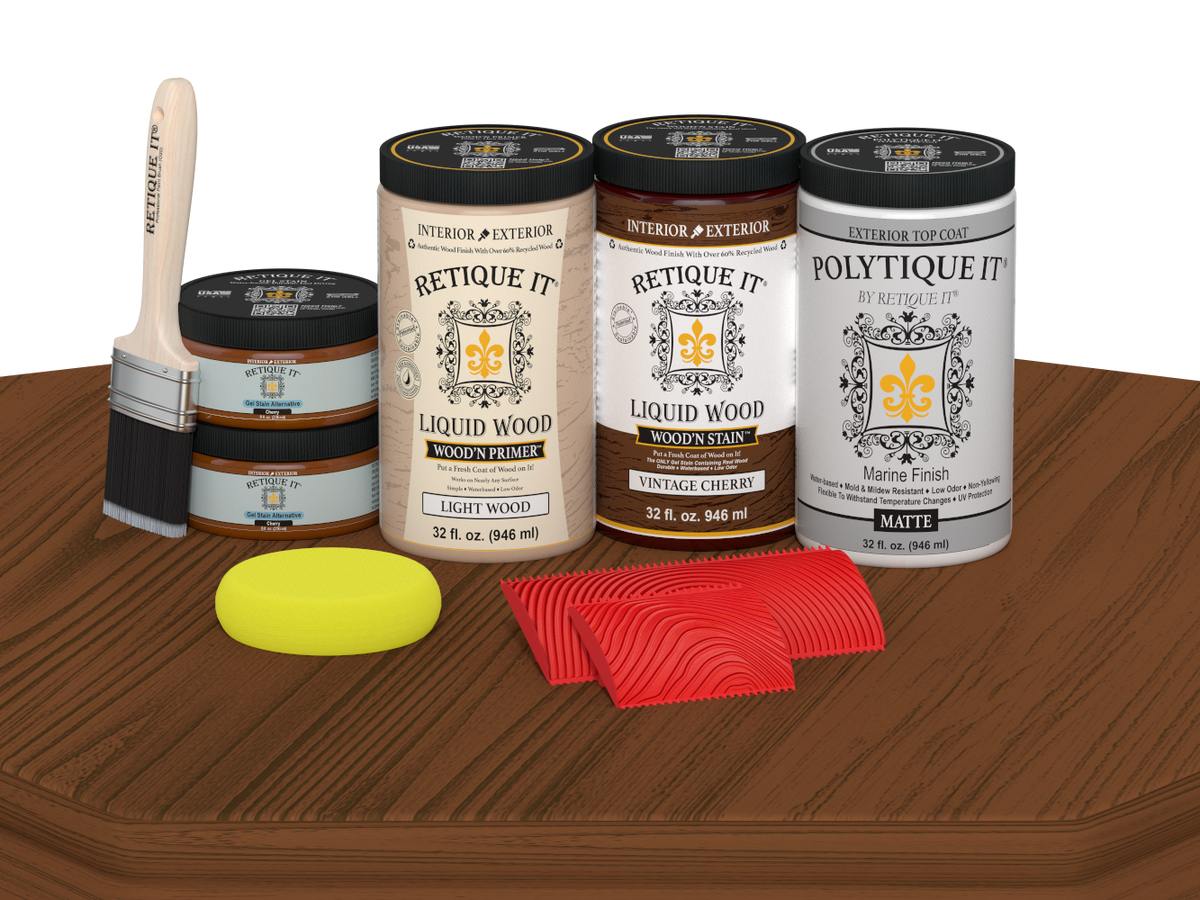 Retique It Wood'n Finish double front door kit in Vintage Cherry stain with matte finish, displayed on a table.