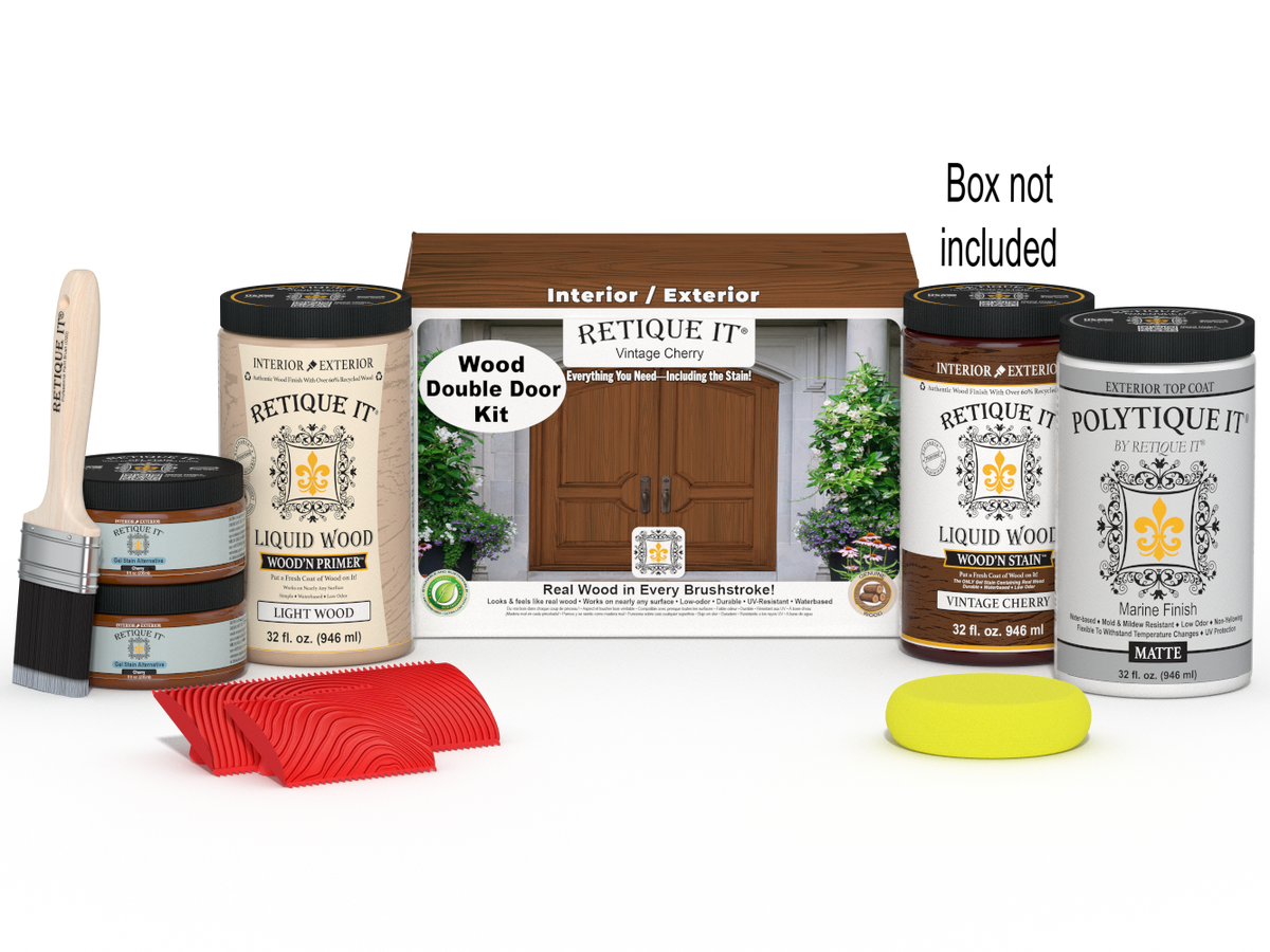 Double front door kit with vintage cherry stain by Retique It, featuring wood finish and detailed panel design.