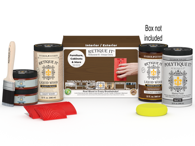Large Multi-purpose Wood'n Kit in Vintage Cherry by Retique It, featuring exterior top coat and applicator tools.