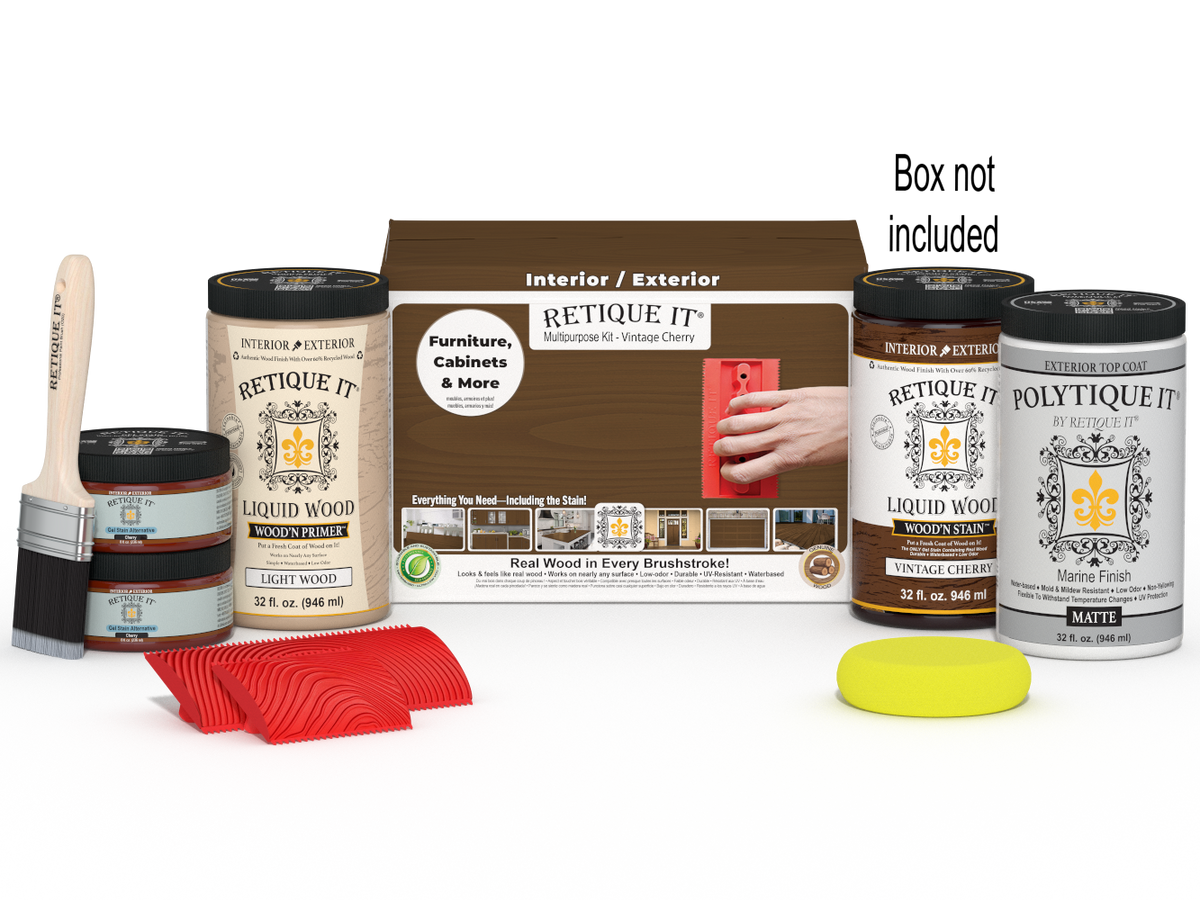 Large Vintage Cherry Wood'n Finish Kit by Retique It® with exterior top coat in a wooden box, for multi-purpose wood finishing projects.