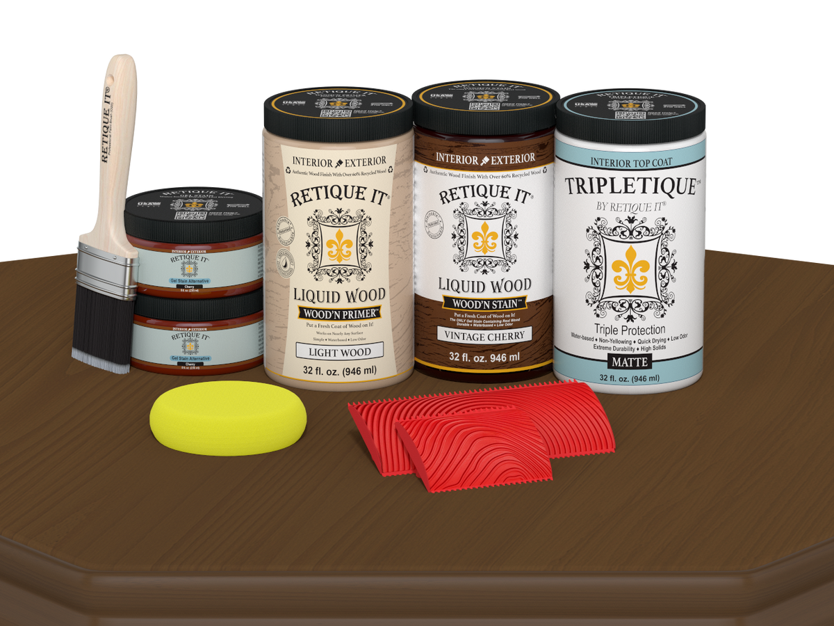 Retique It® vintage cherry countertop kit stain applied to a kitchen table with a matte finish, showcasing wood grain and rich cherry color.