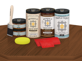 Retique It® Wood'n Cabinet Kit in Vintage Cherry stain showing 12 grained cabinet doors with satin finish on a wooden surface.