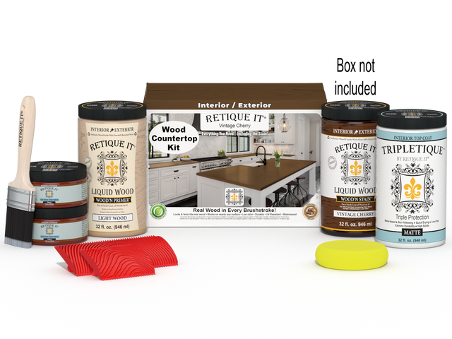 Retique It vintage cherry countertop kit with stains, includes full kitchen setup, shown with wood surface and staining tools