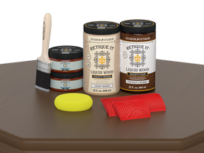 Large Vintage Cherry Wood'n Finish Kit by Retique It® displayed on a table with wood finishing supplies and sample wood finish swatches.