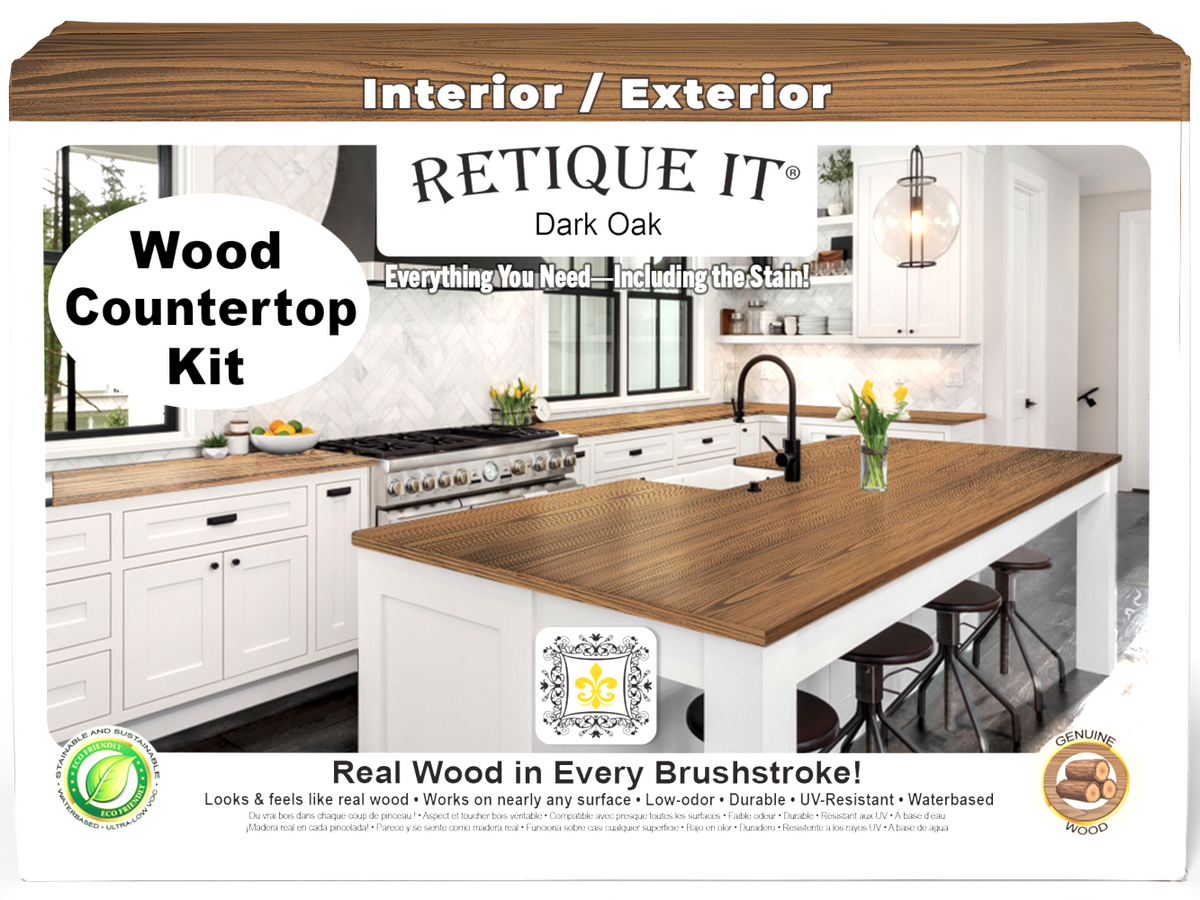 Retique It® dark oak countertop kit for full kitchen, featuring stain application and natural wood grain finish.