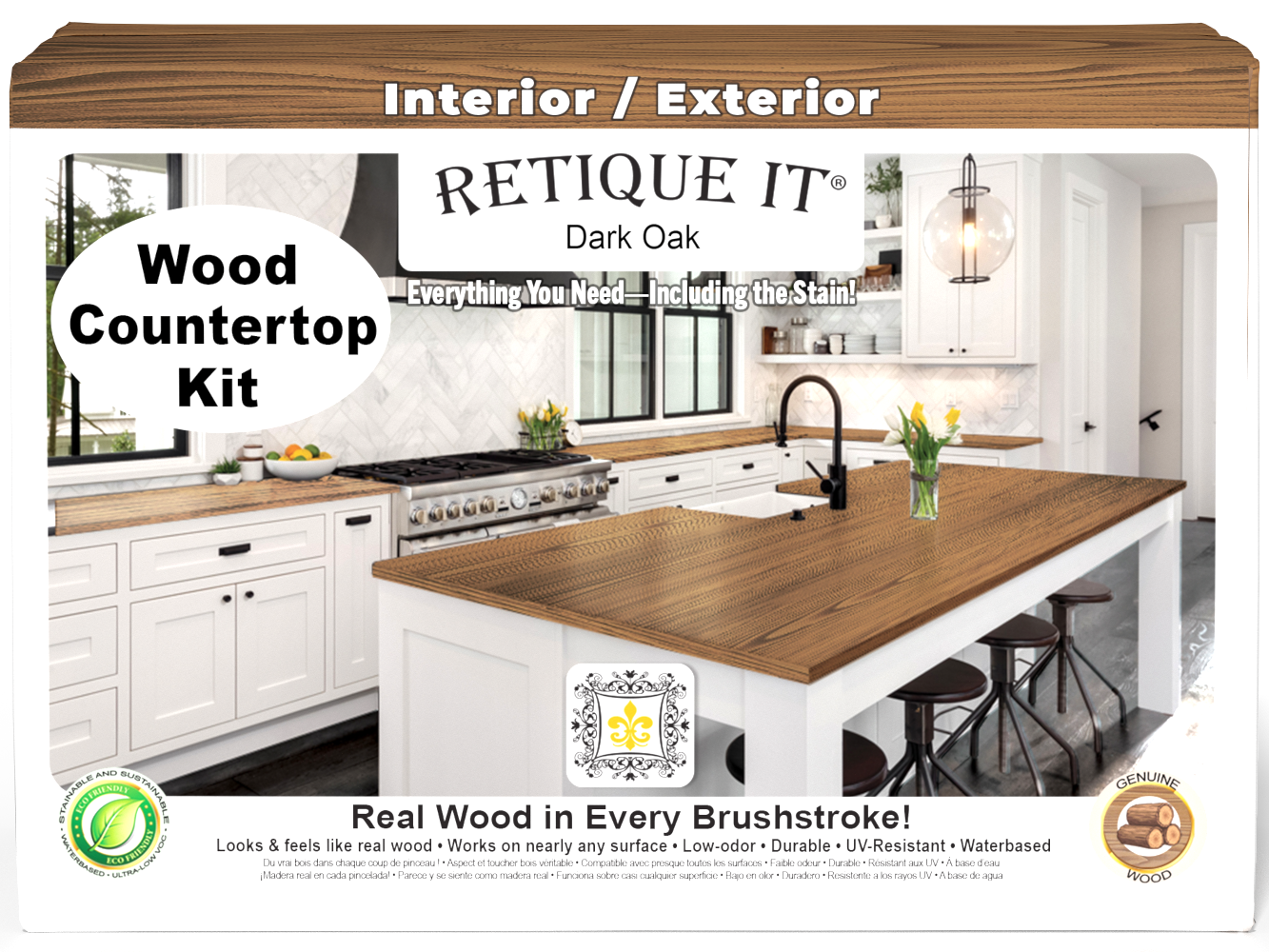 Retique It® dark oak countertop kit for full kitchen, featuring stain application and natural wood grain finish.